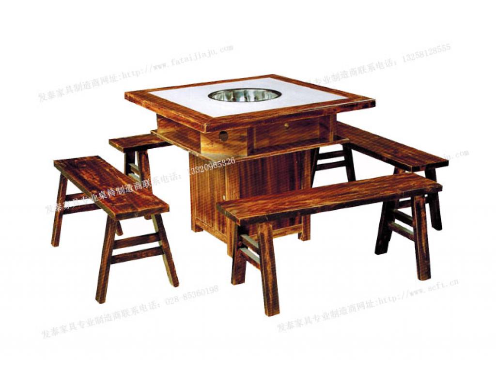 大理石火锅烧烤桌 燃气灶液化气 实木火锅桌 中式餐桌椅组合大理石火锅桌椅