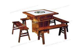 大理石火锅烧烤桌 燃气灶液化气 实木火锅桌 中式餐桌椅组合大理石火锅桌椅