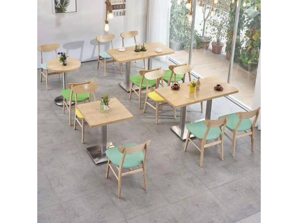 咖啡店桌椅实木餐椅配不锈钢复合盘餐桌椅饰面板餐桌椅快餐店桌椅ftsmczy-067